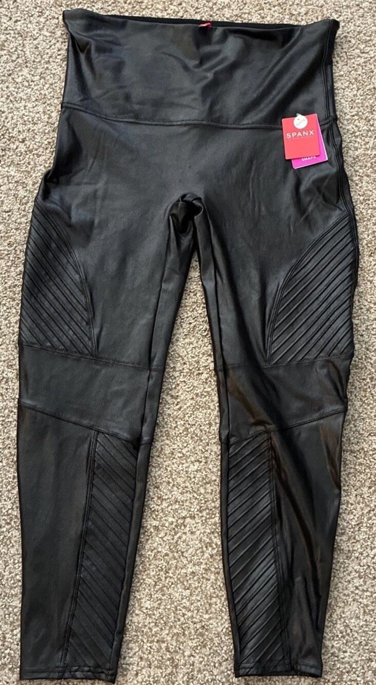 SPANX Faux Leather Leggings Womens Black Moto Stretch Pants Petite 1X NWT